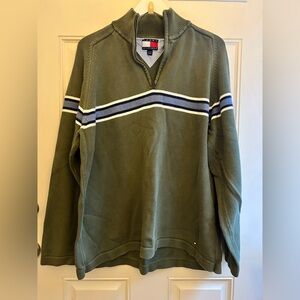 Tommy Hilfiger Men's Green Zip-Up Sweater with Blue and White Stripes
